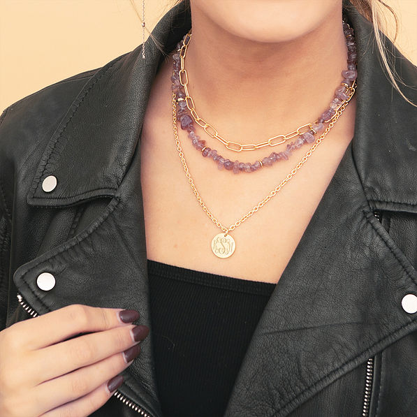 monogrammed triple layer necklace on girl