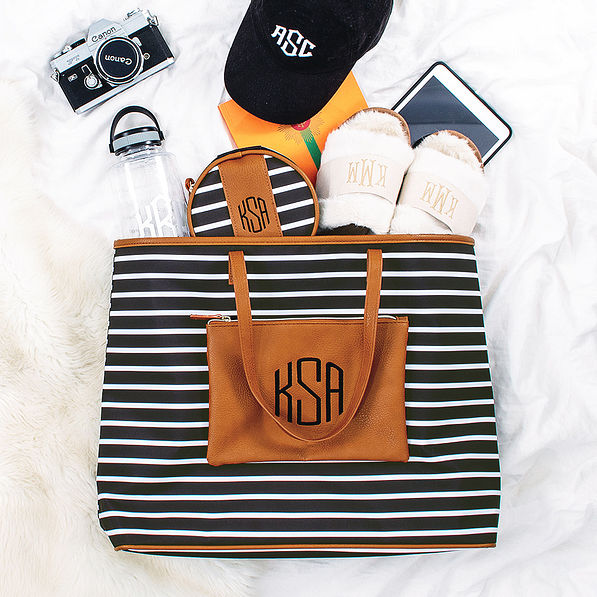 Monogrammed Overnight Tote Bag on White Sheet