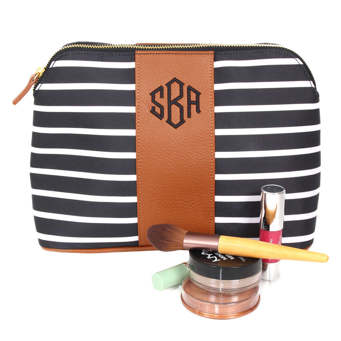 Monogrammed Cosmetic Bag Striped Black Marleylilly