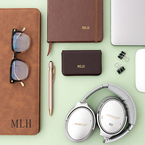 brown business card holder with notebook