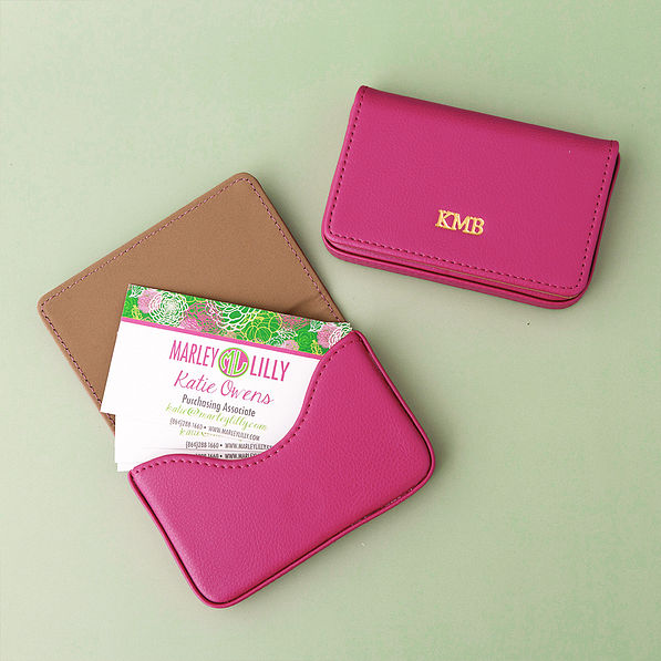 pink business card holder inside shot