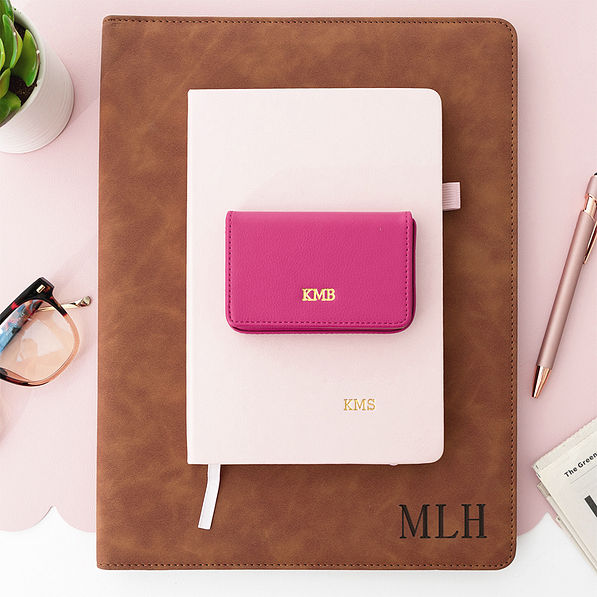 pink business card holder with notebook
