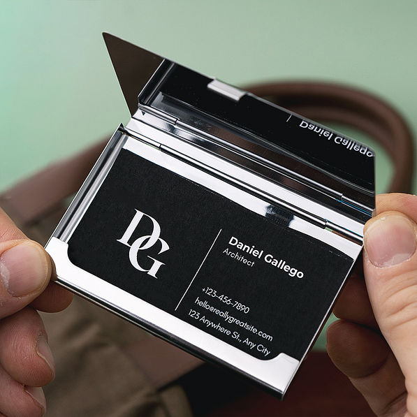 business card inside stainless steel business card holder