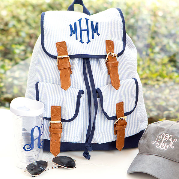 Monogrammed Blue Seersucker Backpack with Monogrammed Hat and Tumbler