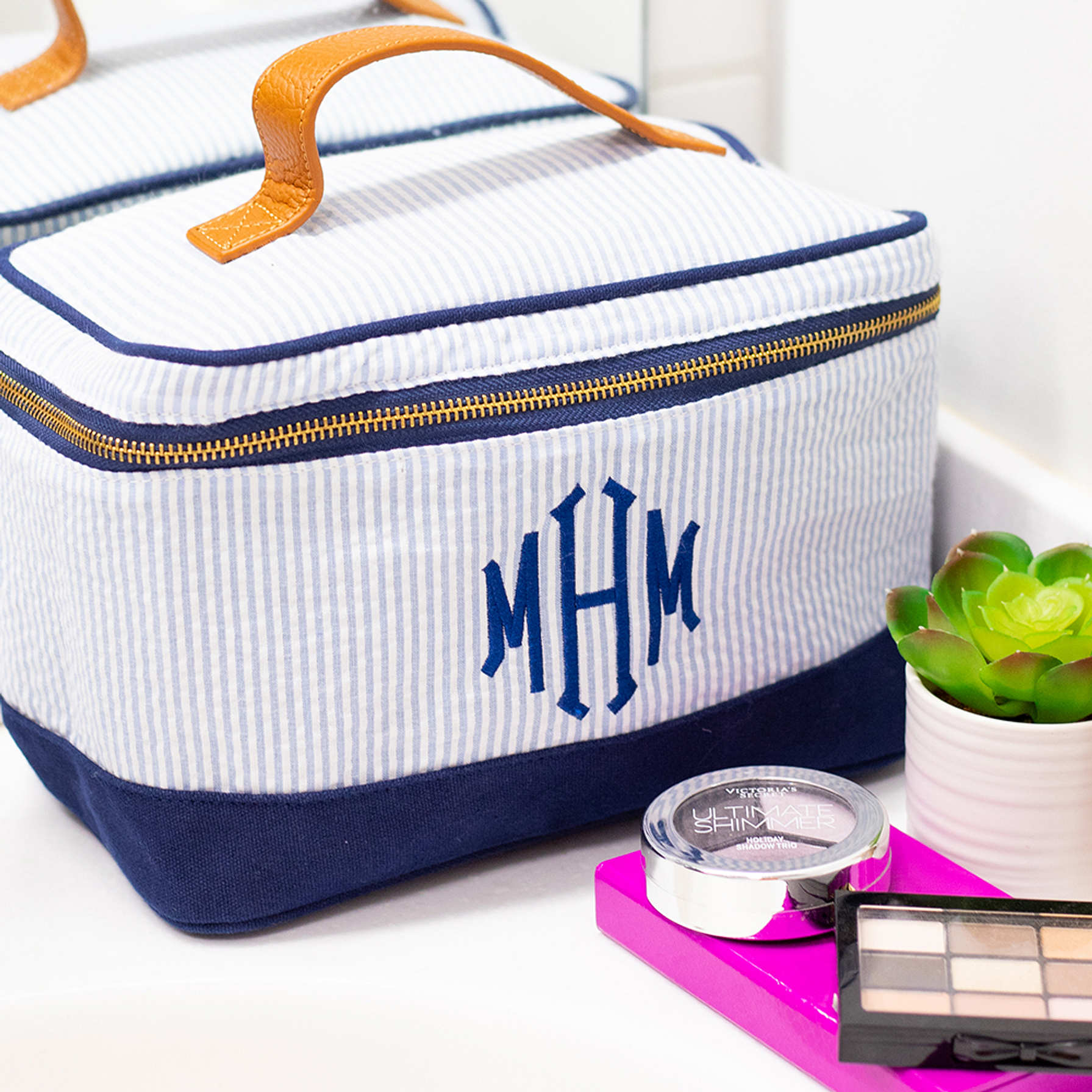 Monogrammed Seersucker Train Case