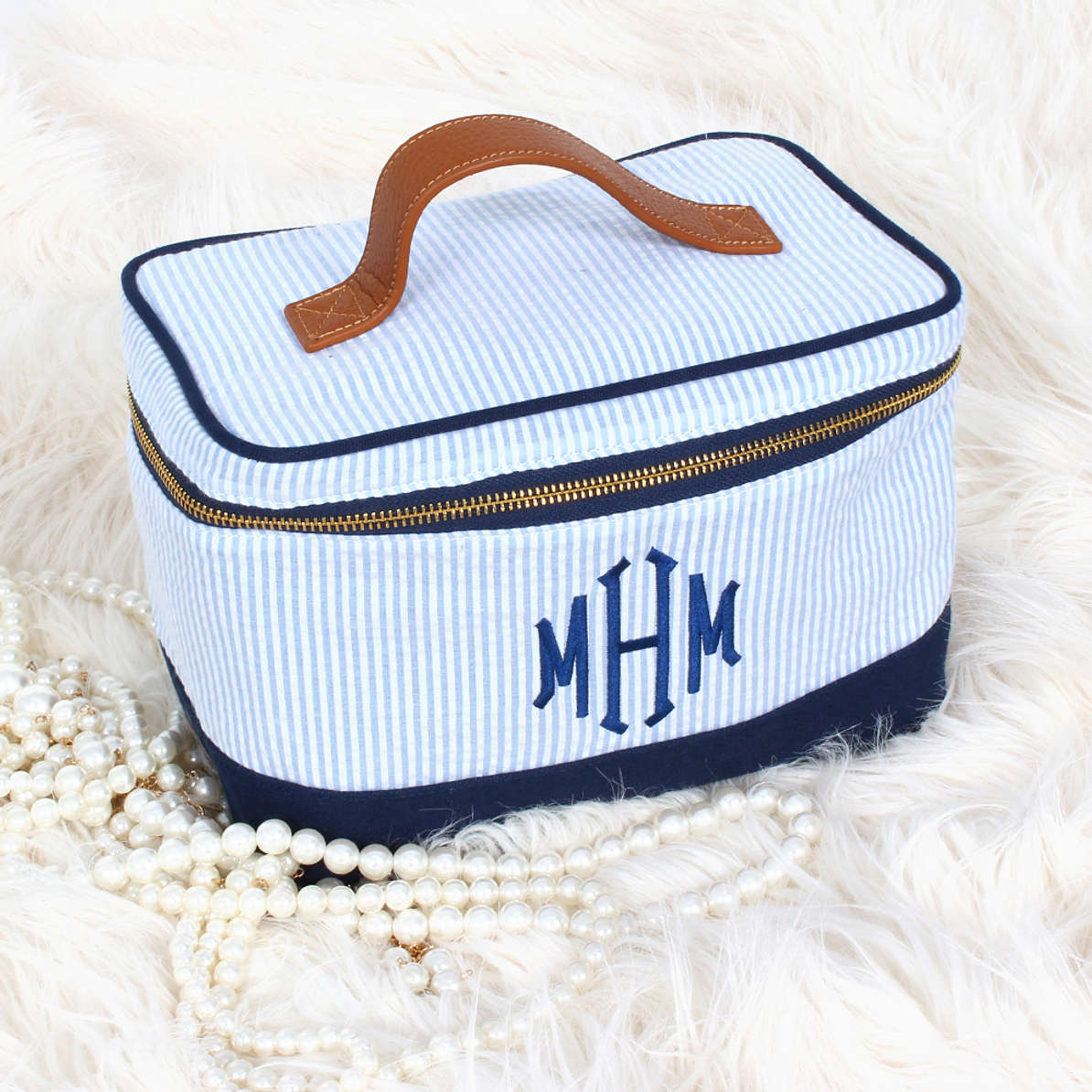 Monogrammed Seersucker Train Case