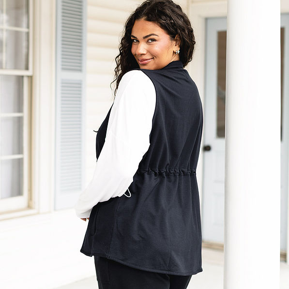 sweatshirt vest on julia ann - back view