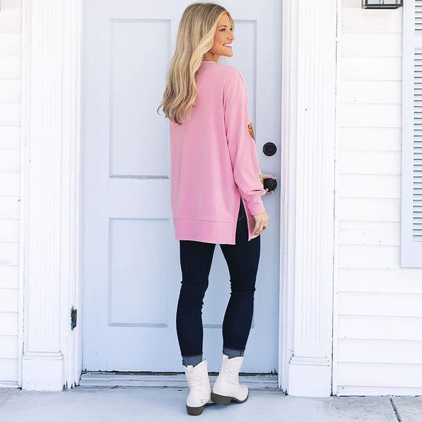 back of pink sequin hearts sweatshirt