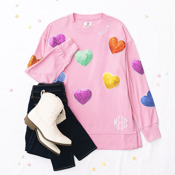 light pink sequin hearts monogrammed sweatshirt outfit
