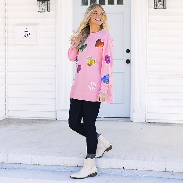 side of personalized sequin hearts sweatshirt