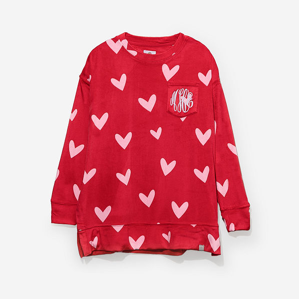 monogrammed softspun hearts sweatshirt in red hot hearts