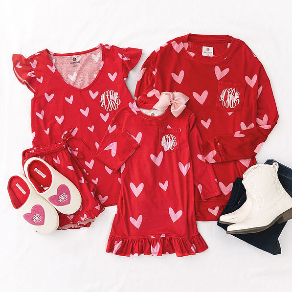 red hot hearts monogrammed family pajamas