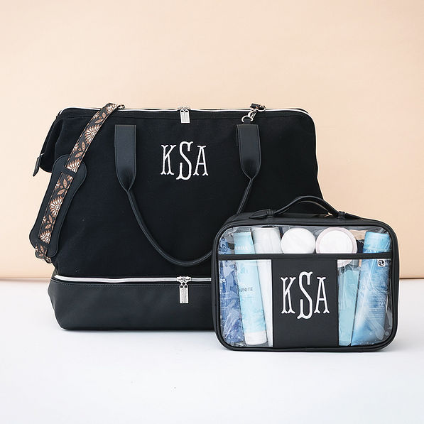 black clear monogrammed toiletry bag with black mosaic canvas weekender