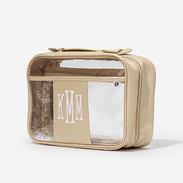 monogrammed large clear toiletry case in gold
