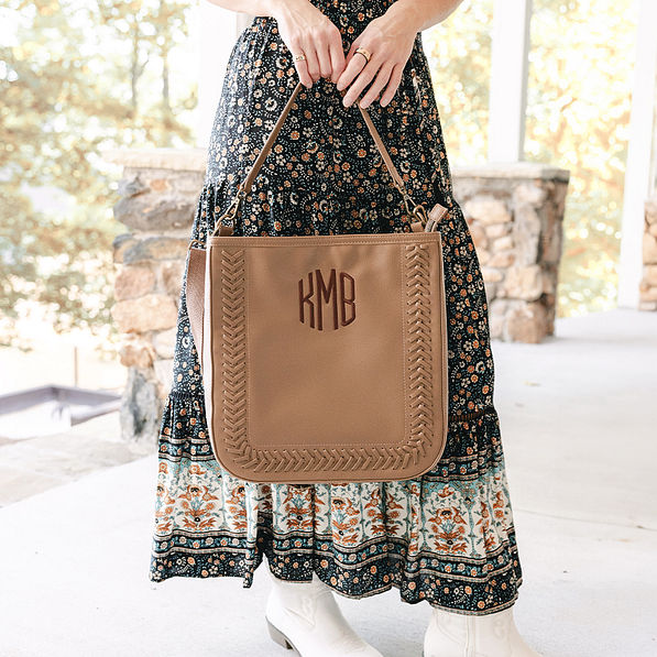 monogrammed brown whipstitch hobo purse