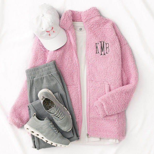 personalized light pink full zip sherpa jacket with bow baseball hat