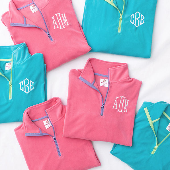 pink and aruba monogrammed puff sleeve fleece pullovers grid