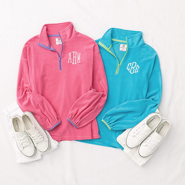 pink and aruba monogrammed puff sleeve fleece pullovers