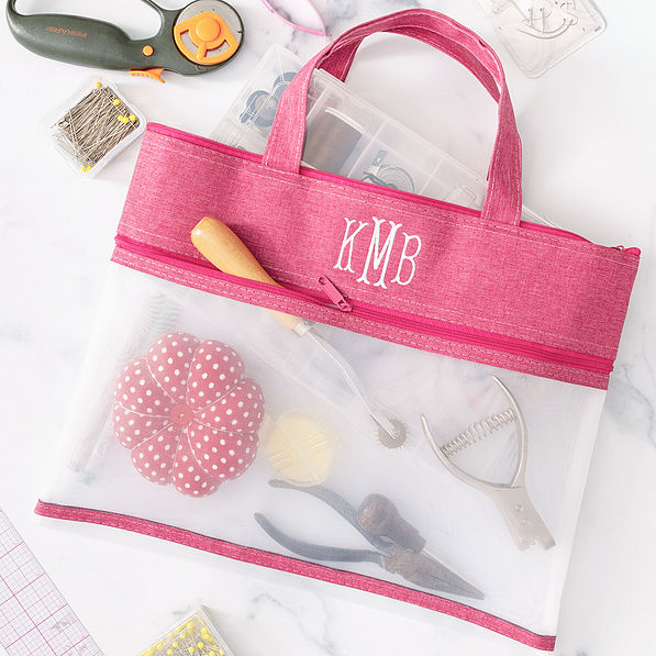 hot pink monogrammed reusable storage bag with craft supplies
