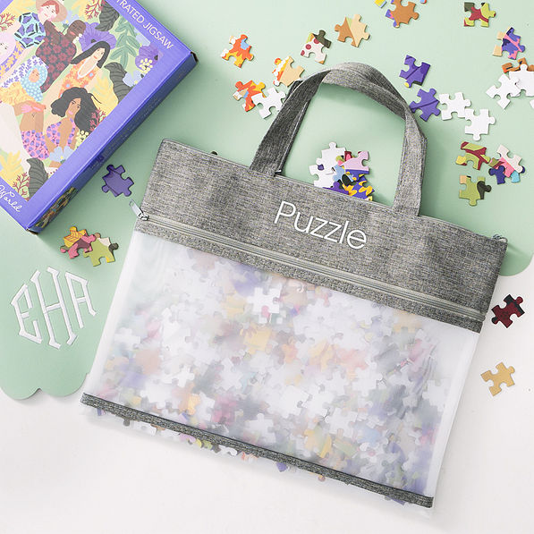charcoal monogrammed reusable storage bag with puzzle