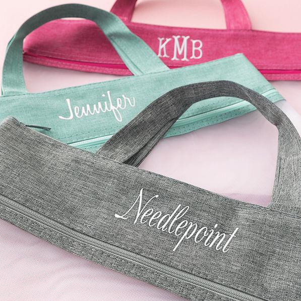 personalized reusable storage bag in hot pink mint and charcoal new monogram size
