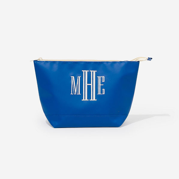 Monogrammed waterproof cosmetic pouch in blue