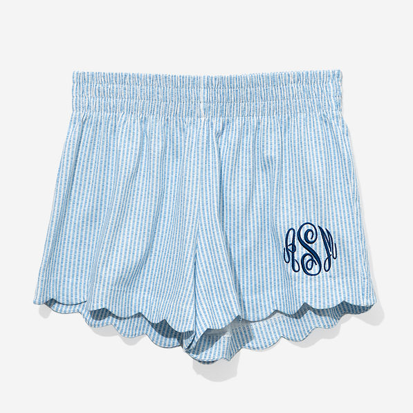 Monogrammed Scalloped Boxer Shorts in Navy Seersucker