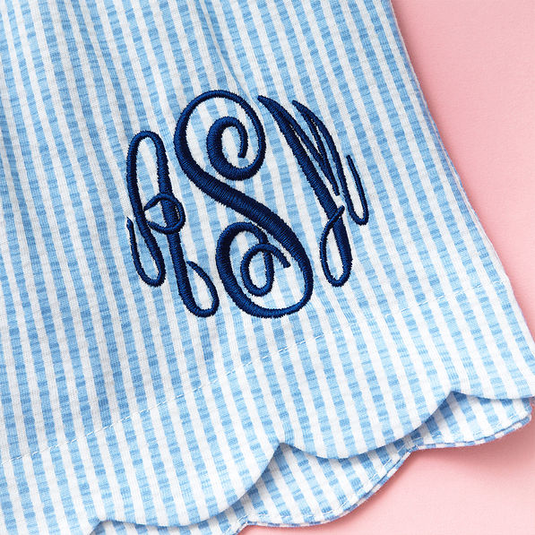 navy seersucker scalloped boxer shorts up close