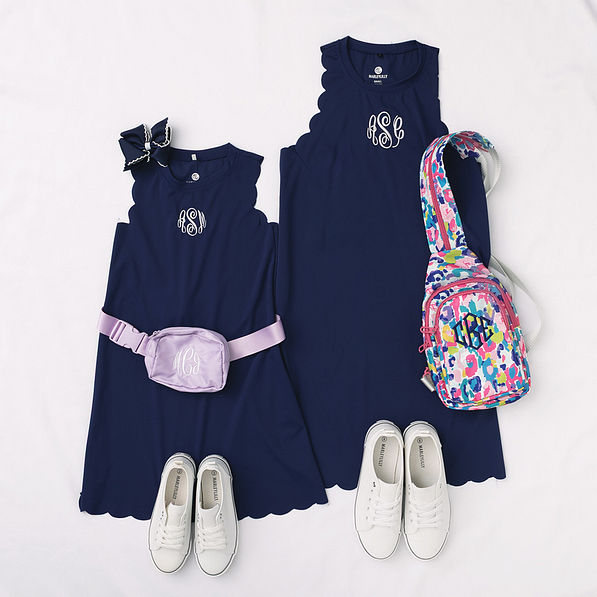mom and me navy monogrammed scalloped exercise dresses