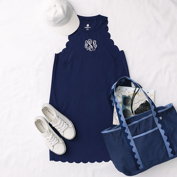 monogrammed scalloped exercise dress outfit in navy