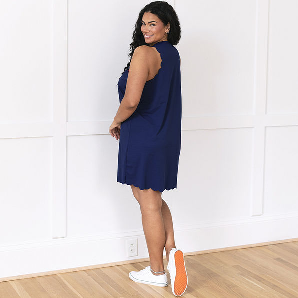 side of navy monogrammed scalloped exercise dress