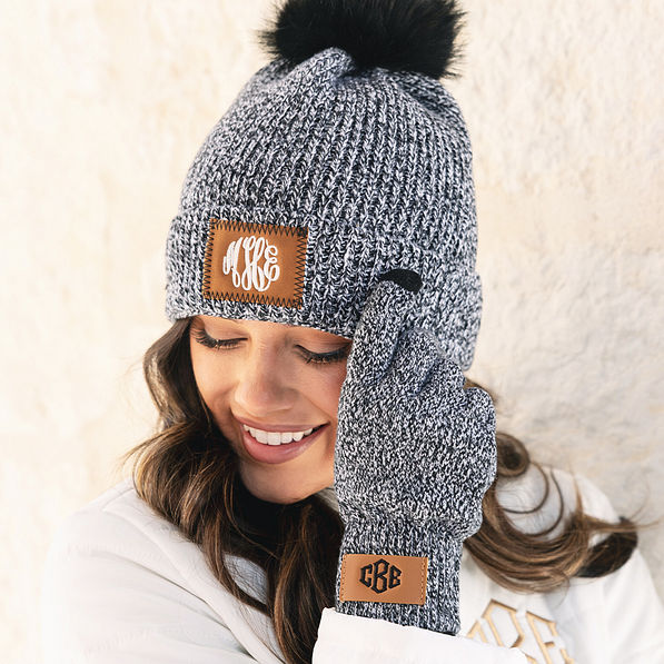 girl wearing heathered charcoal monogrammed beanie and gloves