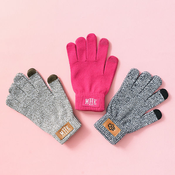 monogrammed gloves in heathered charcoal and brown and hot pink