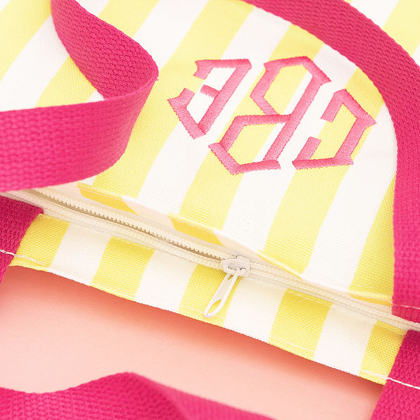yellow and pink striped tote detail shot