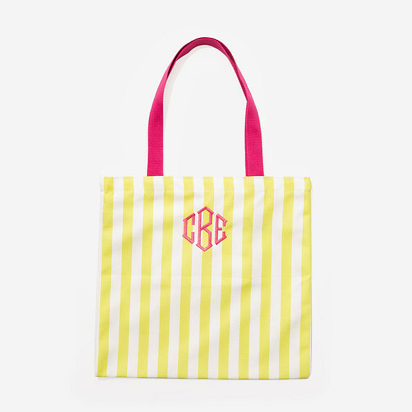 monogrammed striped tote in yellow and pink