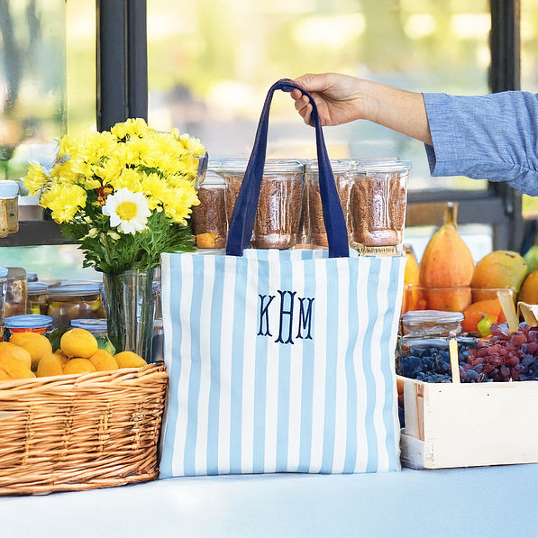 blue striped tote at farmers market1