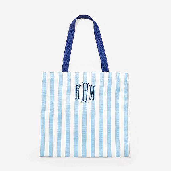 monogrammed striped tote in light blue and navy