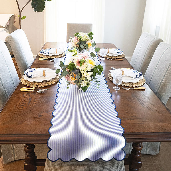 navy seersucker scalloped table runner full table