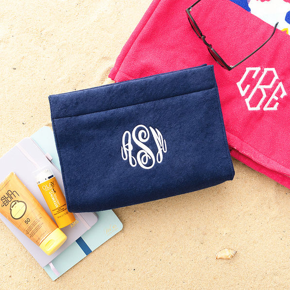 navy terry toiletry bag with beach towel