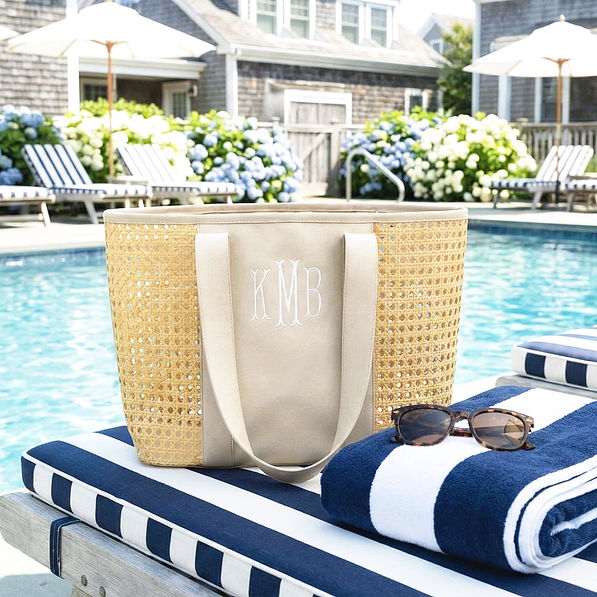 straw caning tote on chair at pool