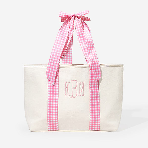 Monogrammed Gingham Tote Bag in Pink
