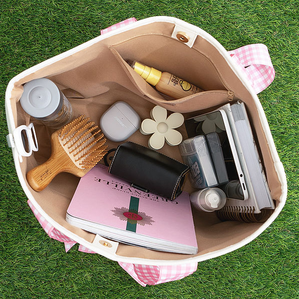Open pink gingham tote inside shot