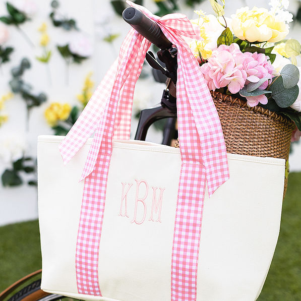 Pink Gingham Tote Bag on bike