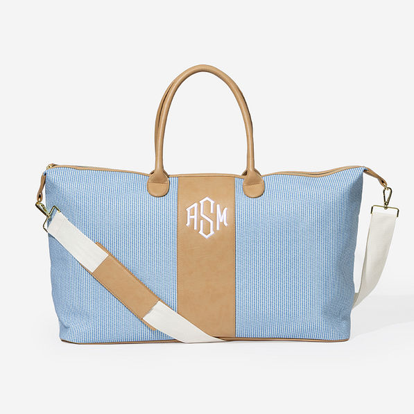 Monogrammed Seersucker Weekender in navy
