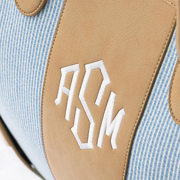 Navy seersucker weekender detail shot