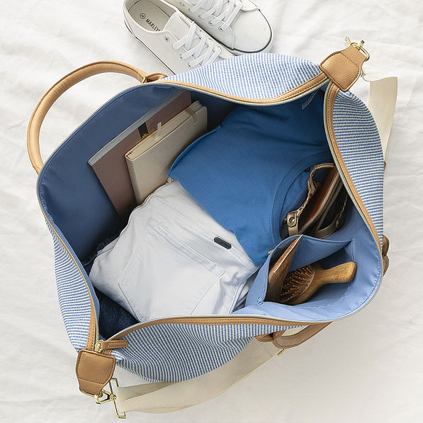 navy seersucker weekender inside shot