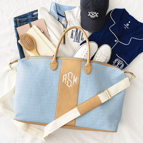 navy seersucker weekender spill shot