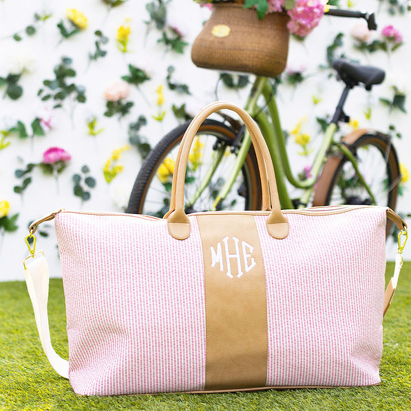 pink seersucker weekender with bike
