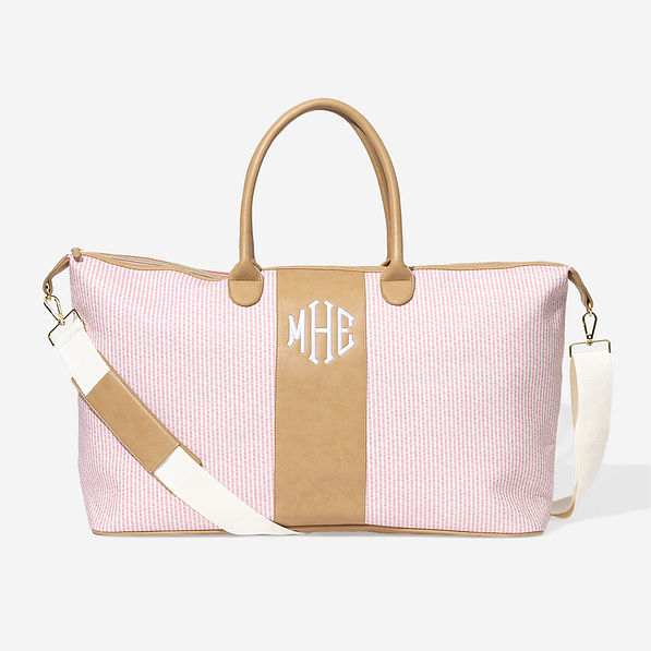 Monogrammed Seersucker Weekender in Pink Seersucker