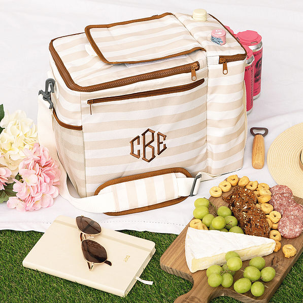 khaki striped personalized dual compartment cooler on picnic blanket